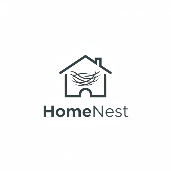 Minimal logo for an online home store called "HomeNest", simple house icon, clean modern design, exact text "HomeNest", white background
